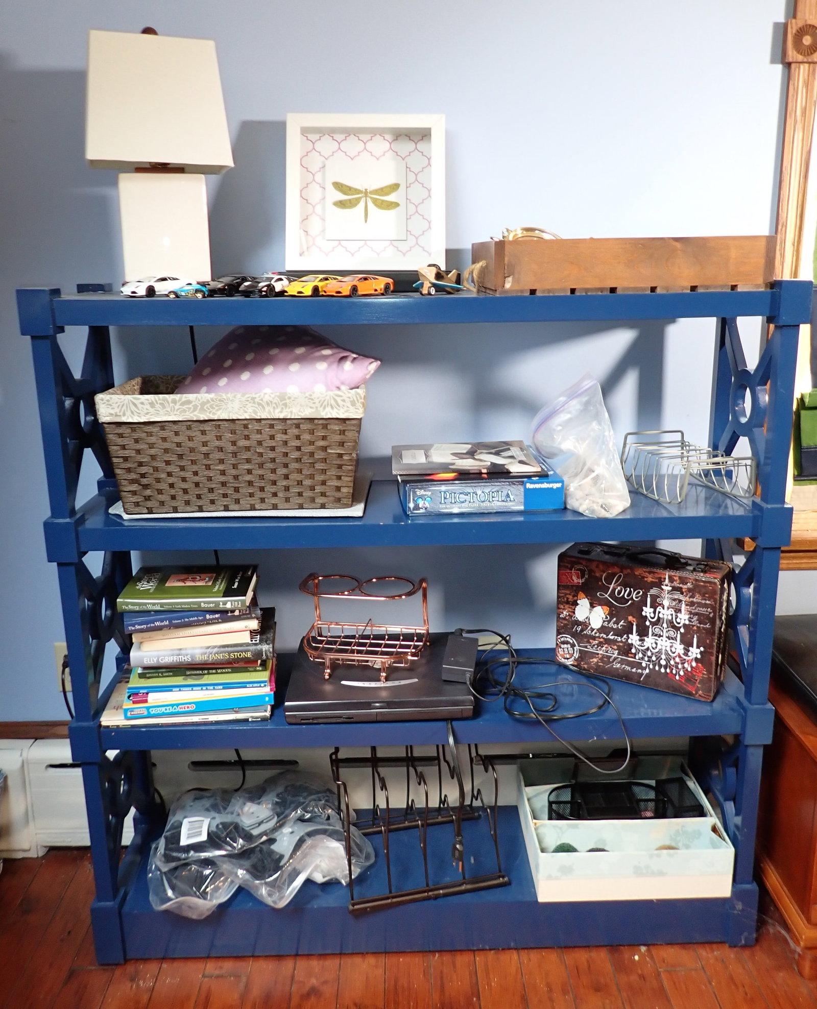 Shelf & Contents: Buyer to remove from second floor. No shipping. Shelf is approx 12" x 48" x 48 1/4" tall.