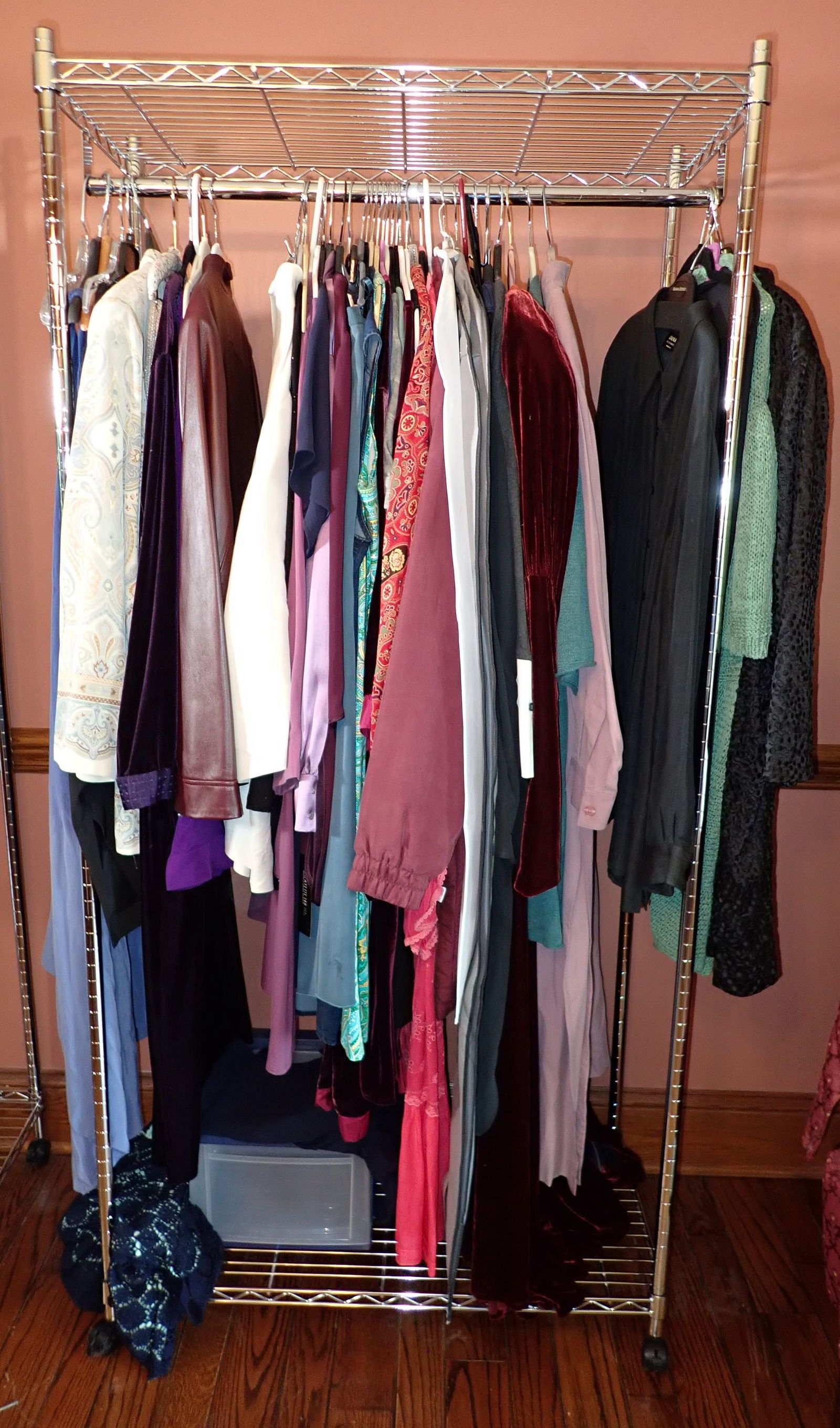 Clothing Rack: Does not include clothing. Rack is approx 18" x 35 3/8" x 72" tall. No shipping !!