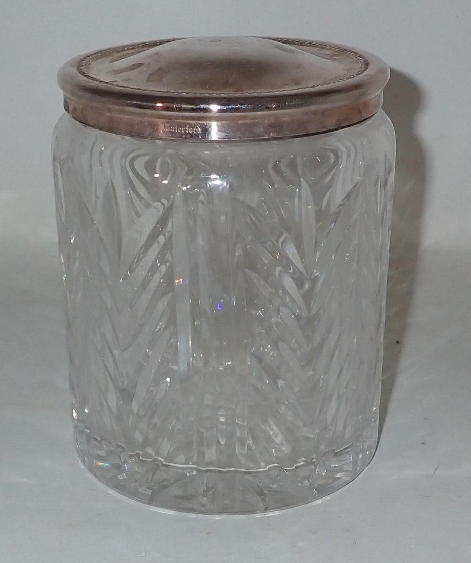 Waterford Crystal Cotton Jar: Approx 4 1/8" in diameter and 5 1/4" tall. Top and bottom are marked Waterford