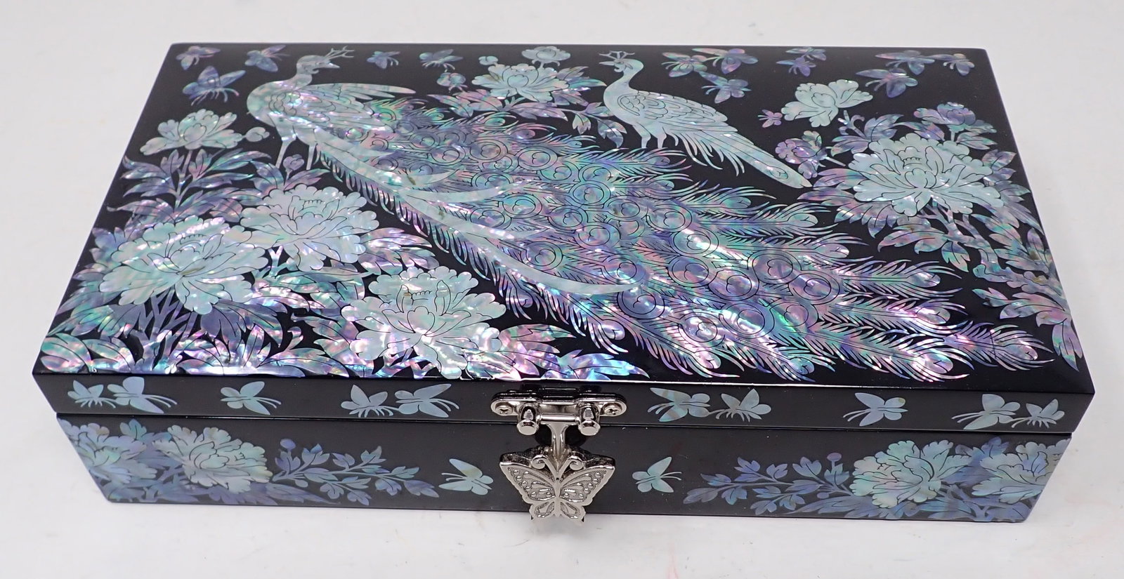 Mother of Pearl Jewelry Box w/ Peacocks & Butterflies: Approx 4 7/8" x 9 1/4" x 2 1/4" tall