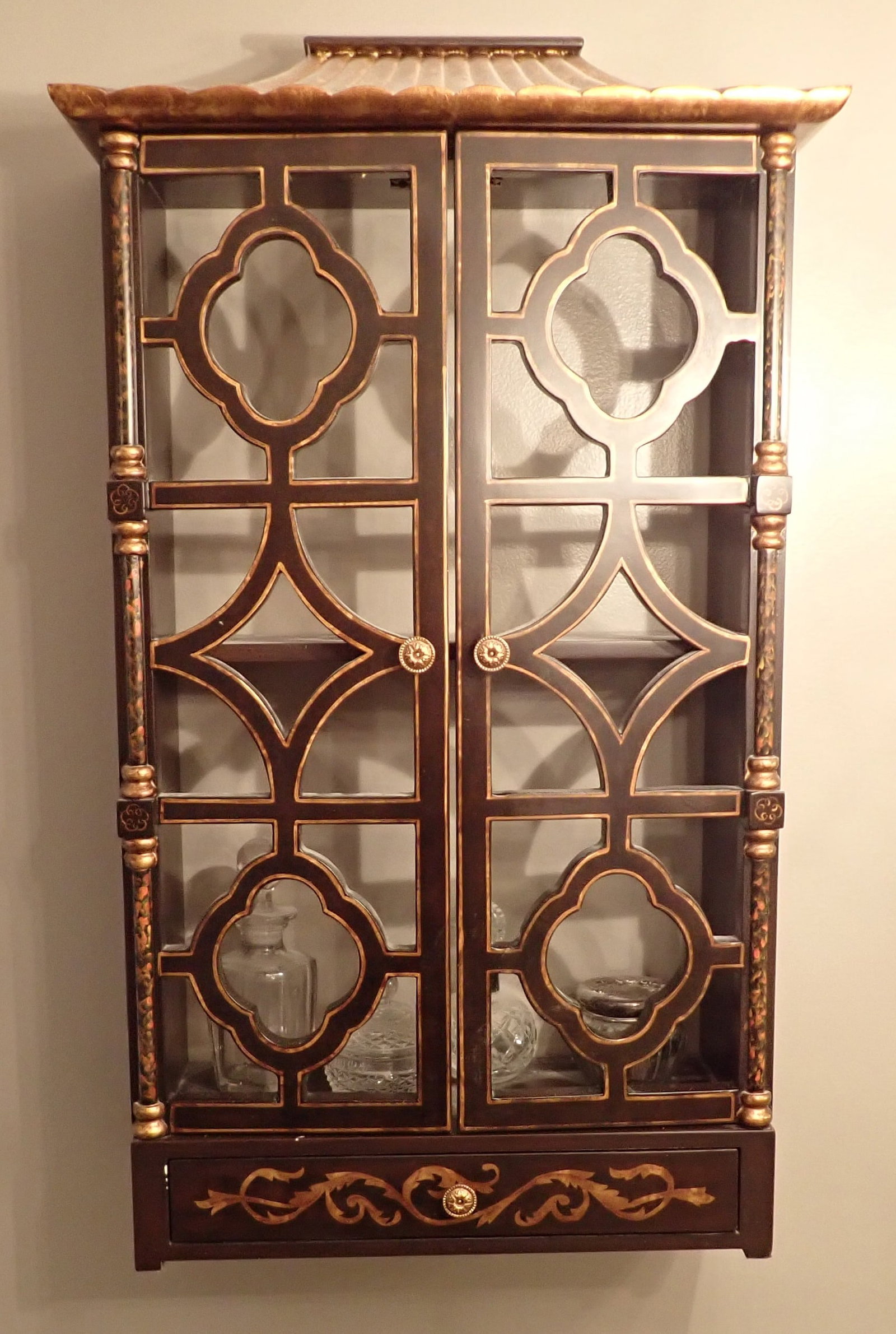 Oriental Decorator Wall Cabinet: Apprx 7" x 18" x 35" tall. No shipping ! Does not include items in it.