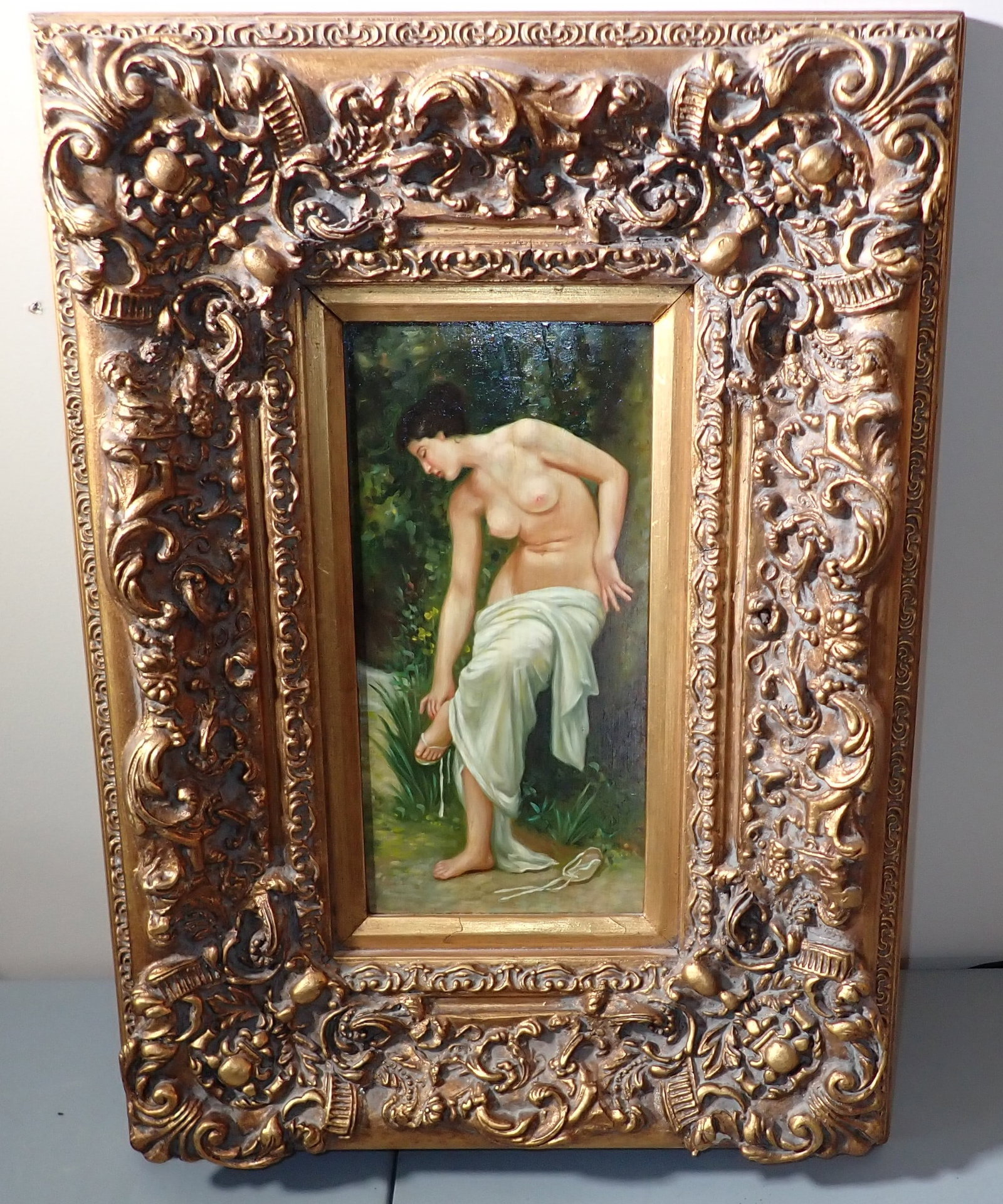 Nude Oil Painting Portrait on Brass: Believed to be on brass ( sold with no guarantees). Approx 21 1/8" x 29". This is heavy ! If shipping is needed, contact UPS Store 5528 to get a quote BEFORE bidding. Call (908)213-6838 and select opt