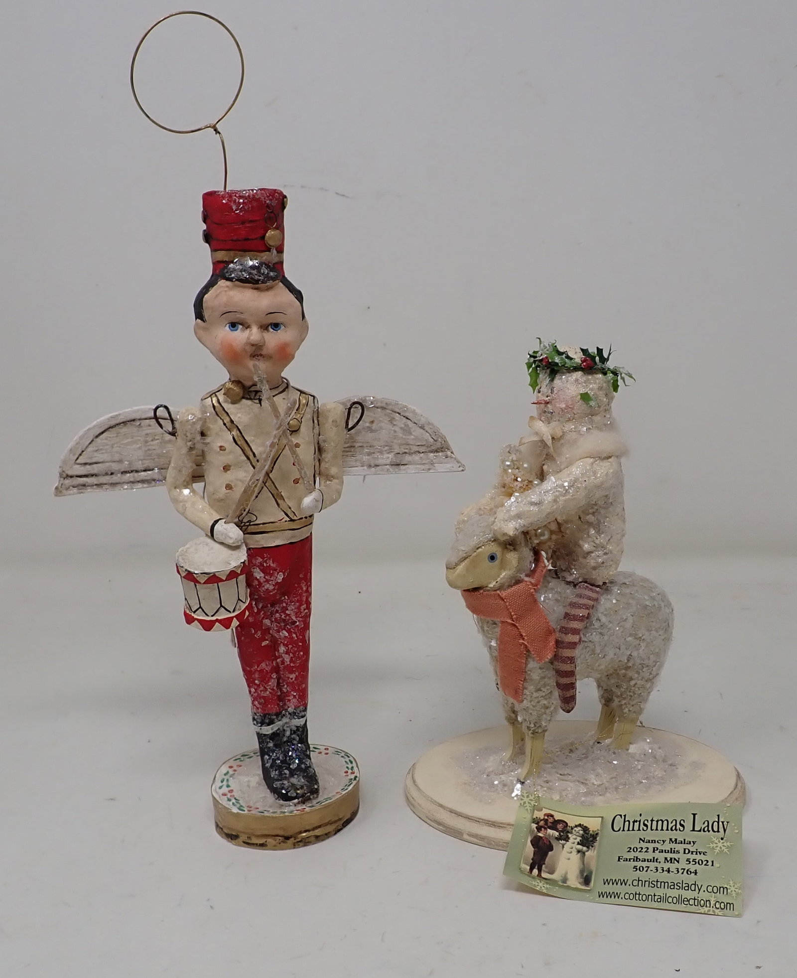 Drummerboy Angel & Nancy Malay Snowman on Sheep: Drummer boy is approx 8 3/4" tall.