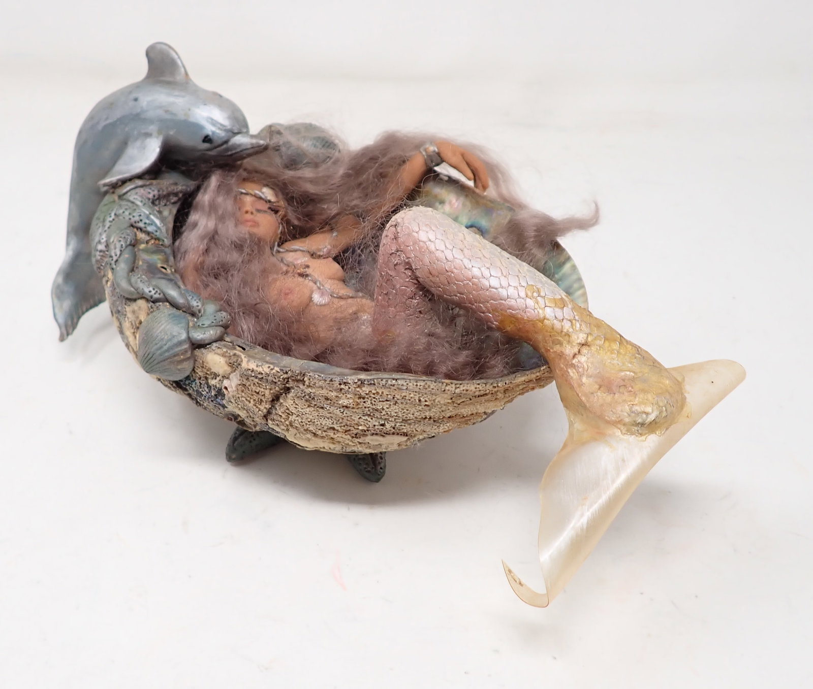 Ooak Mermaid in Seashell w/ Dolphin: Approx 6" x 9 1/2" x 4 3/4" tall.