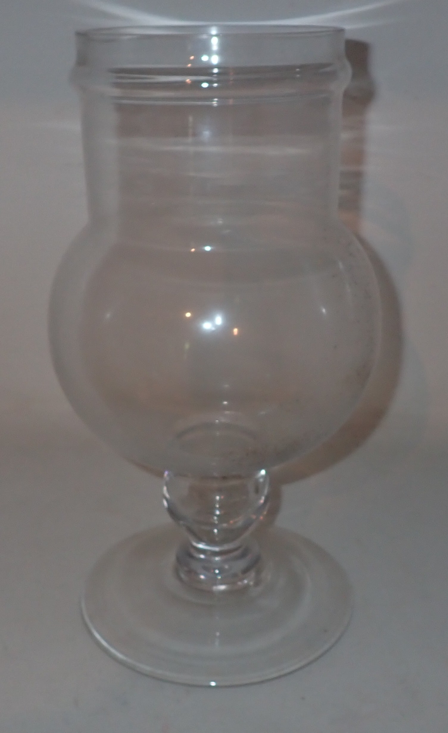 Apothecary Jar: Appro 6 1/2" in diameter and 13" tall. Missing top