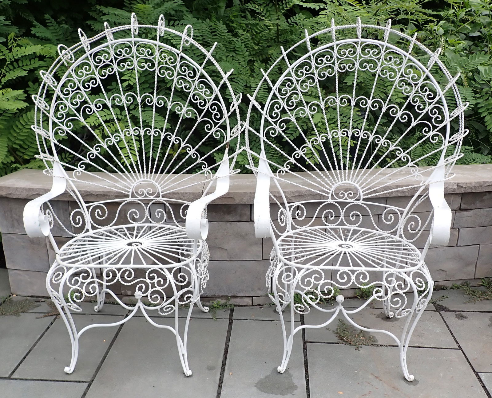 Pair of Wrought Iron Peacock Chairs: Approx 33 1/2" wide, 17" to seat, 18" deep, 48" tall. No shipping !