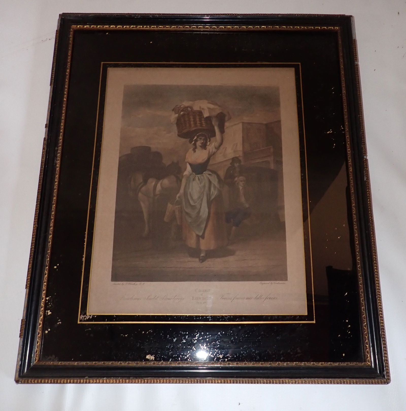 Vendramini Strawberrys Scarlet Engraving: Apprx 15 1/2" x 18 3/8". Black border on glass in reverse painted. If shipping is needed, contact UPS Store 5528 to get an estimate BEFORE bidding. There are no refunds because of shipping price.