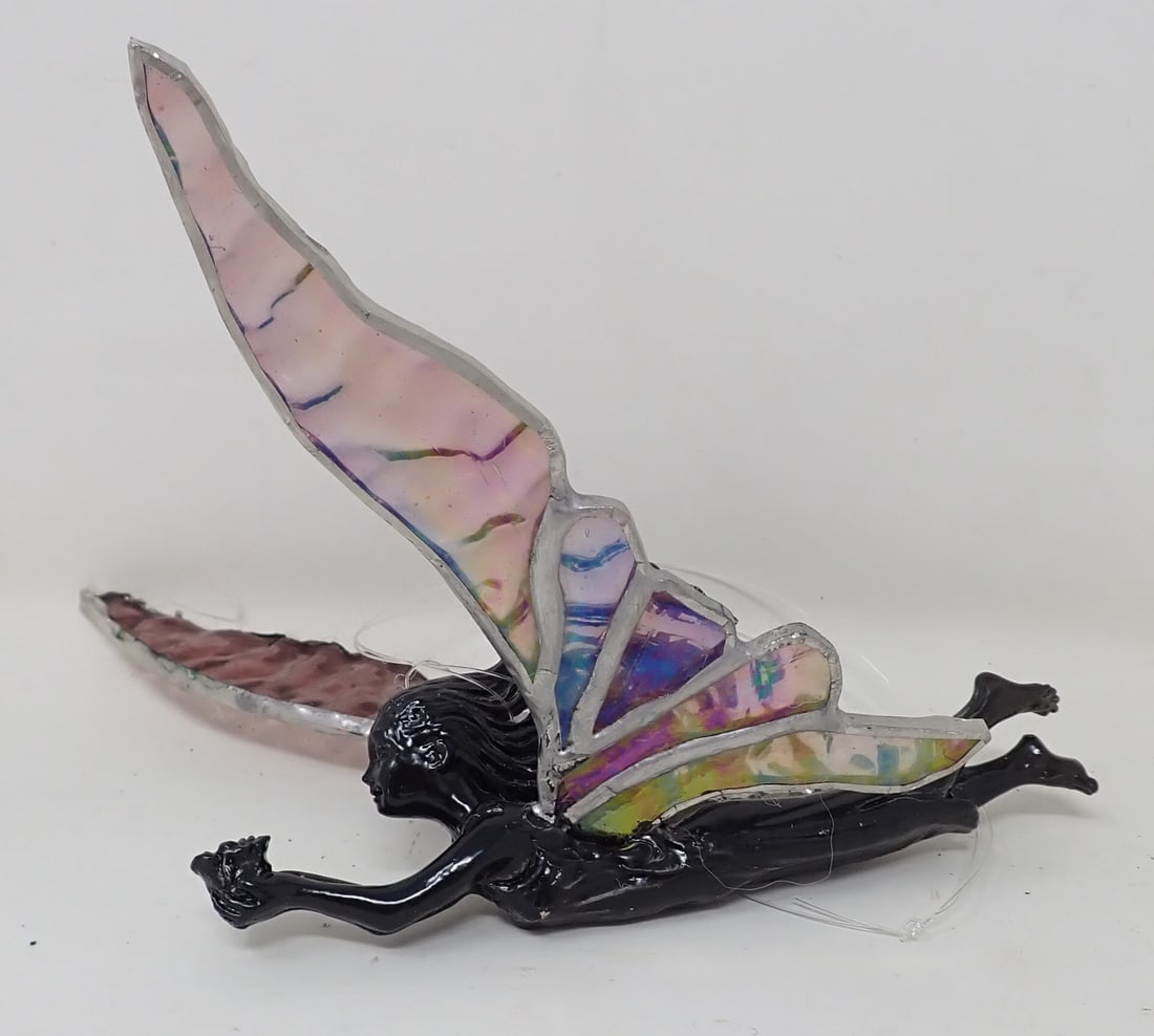Fairy w/ Stained Glass Wings: Fairy could be possibly paint over pewter ?? Approx 5 1/2" long