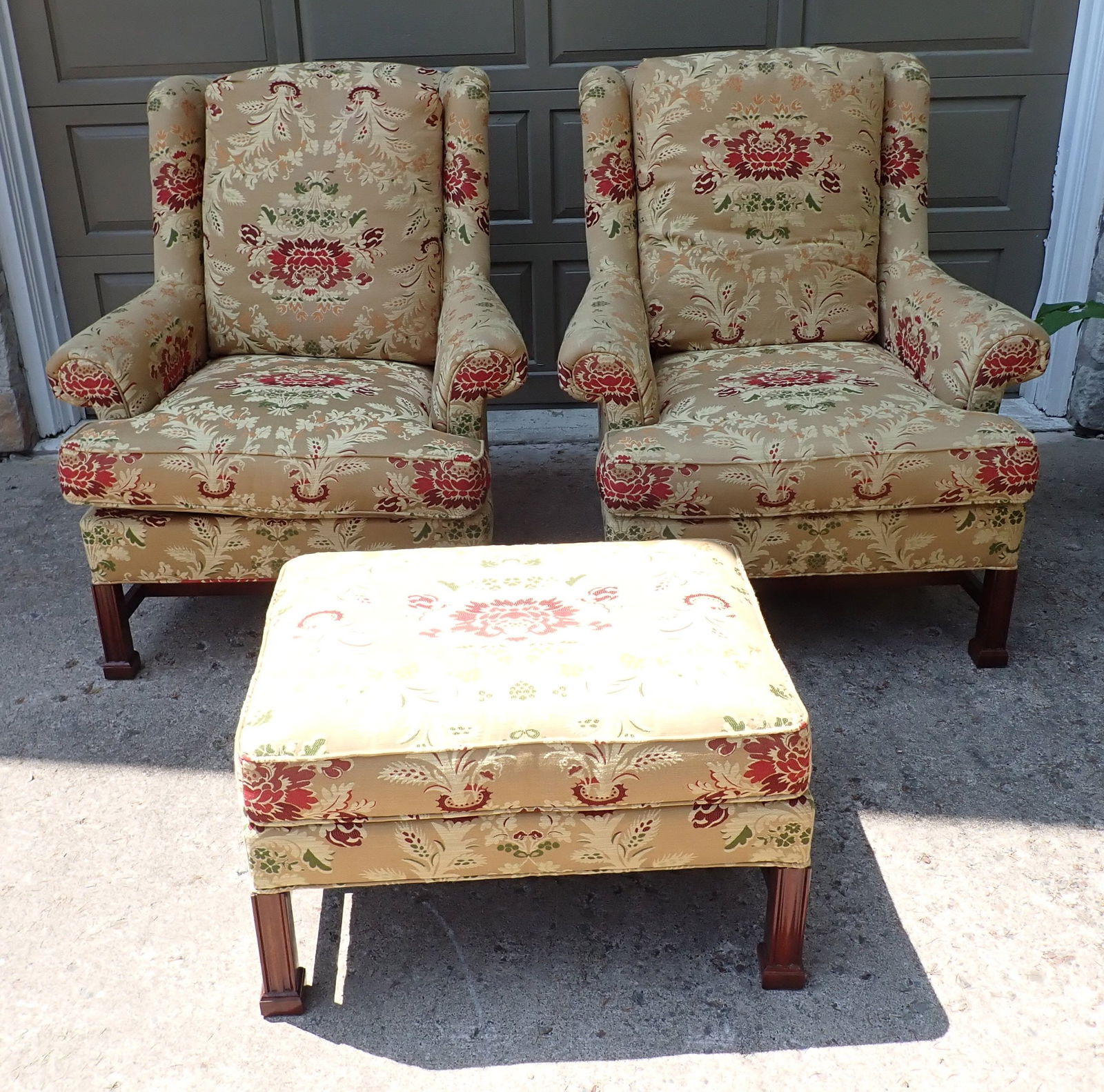 Pair of Hickory Chippendale Wing Chairs & Ottoman (1 of 7)