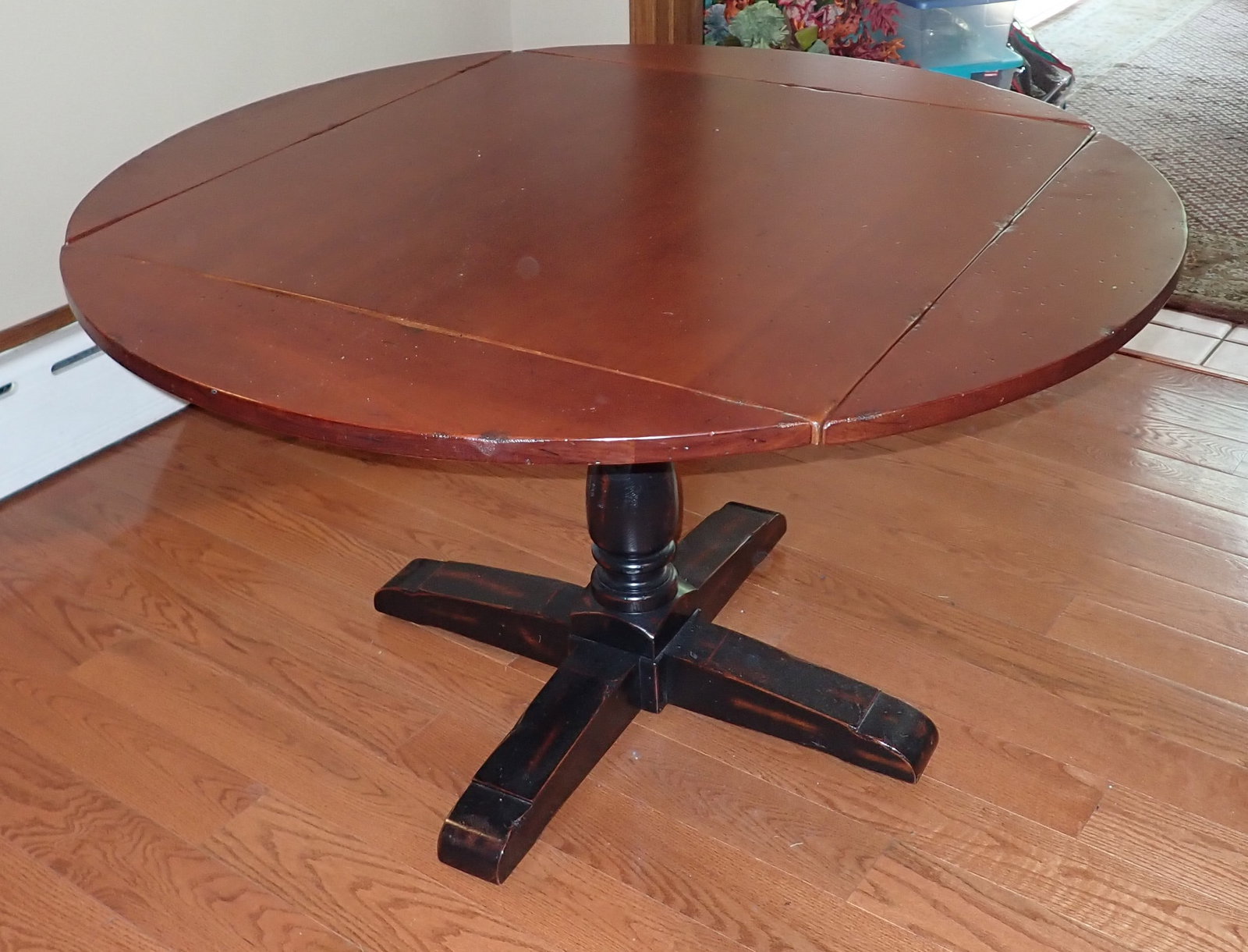 Round Table: Approx 51" in diameter and 30" tall. Sides do fold down. No shipping ! Bring help to remove from house.