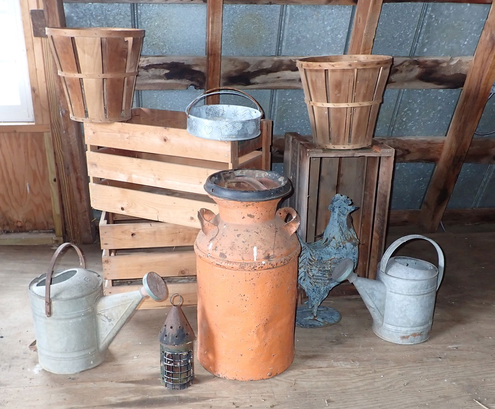 Wooden Crates Milk Can Water Cans & Misc: Largest crate is approx 13 1/4" x 24 1/2" x 14" tall. No shipping !