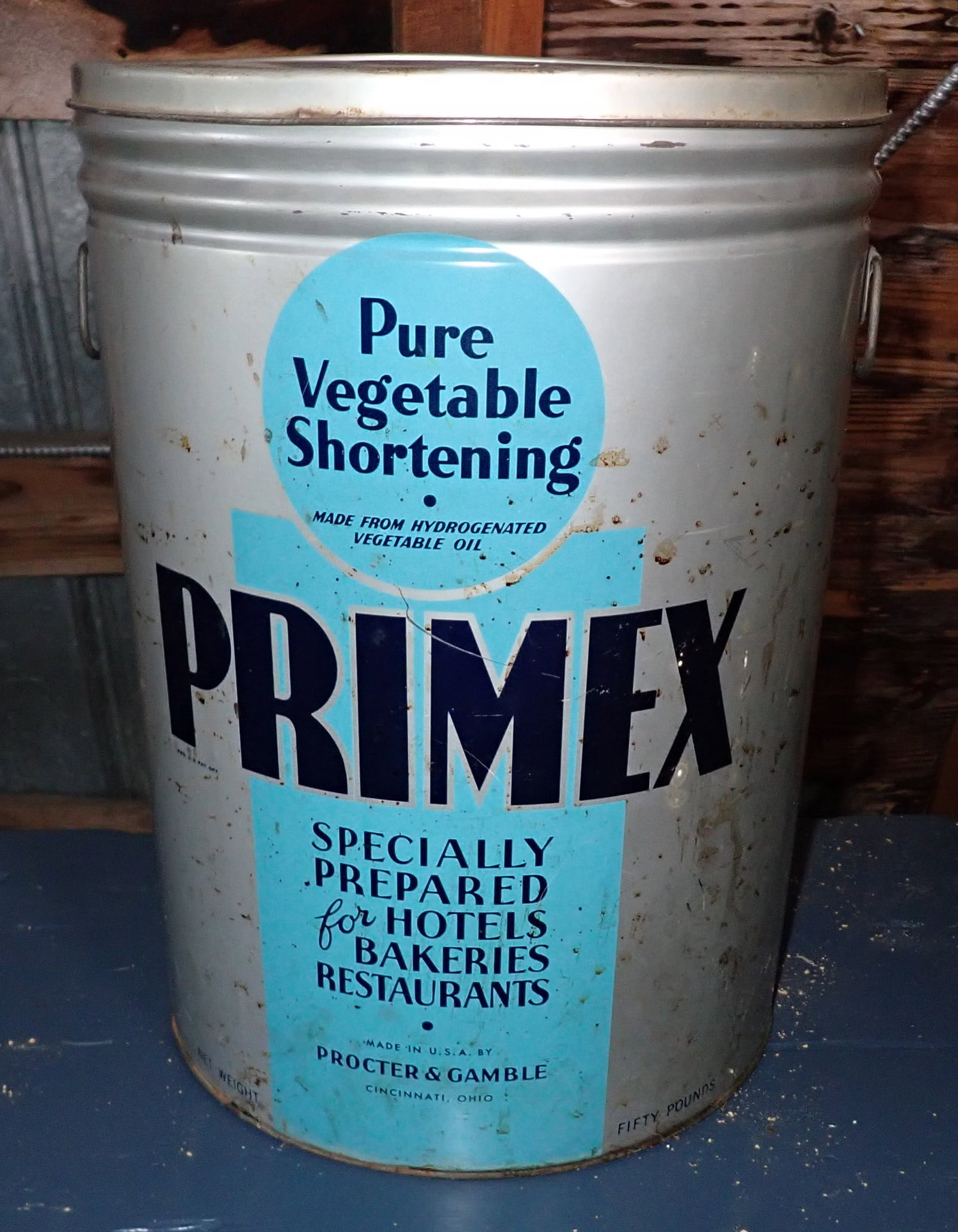 Proctor & Gamble Primex Vegetable Shortening Can: Approx 12 1/2" in diameter and 17" tall. No shipping