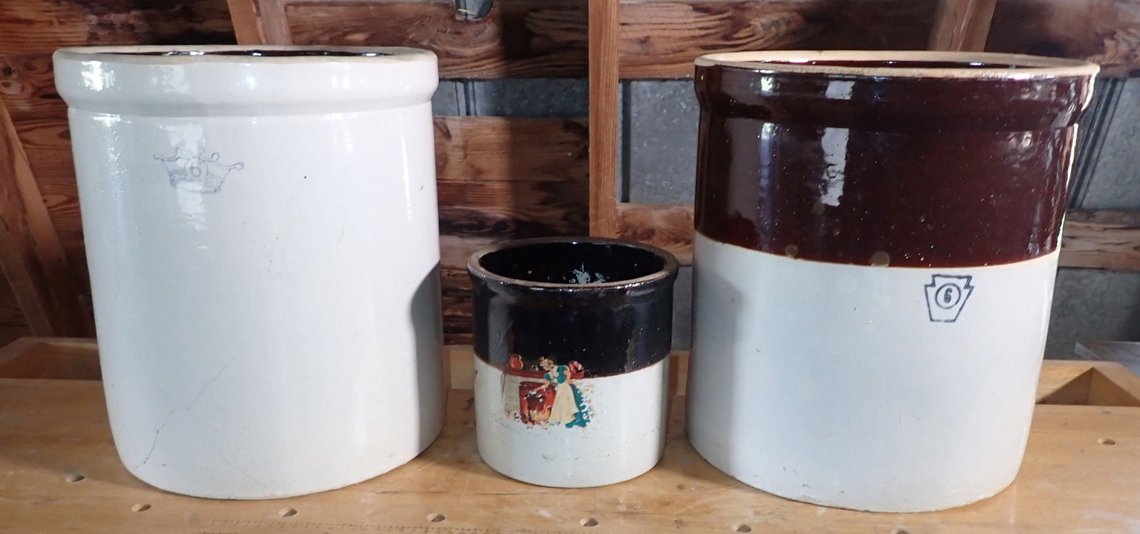 Stoneware Crocks: Largest are approx 12 3/4" in diameter and 15" tall. No shipping