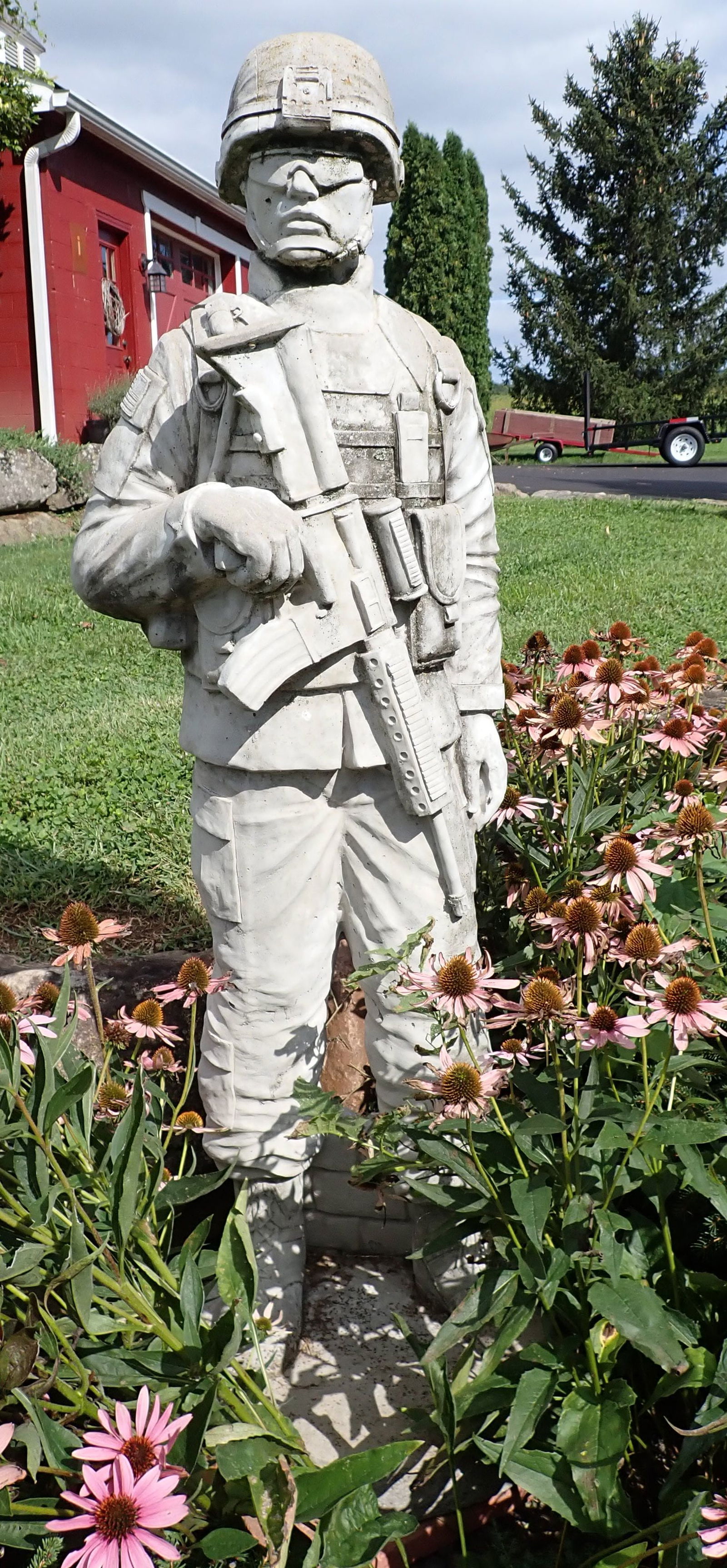 Concrete Soldier & Marine Sign: Soldier is approx 59" tall. No shipping ! Bring strong help to remove !