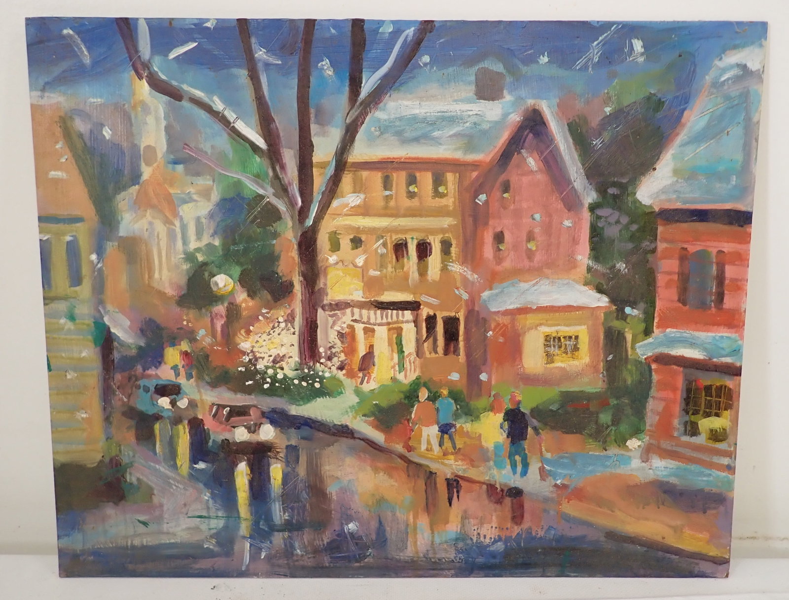 John Reilly Winter Town Scene Oil on Board Painting: Painting is approx 16" x 20"