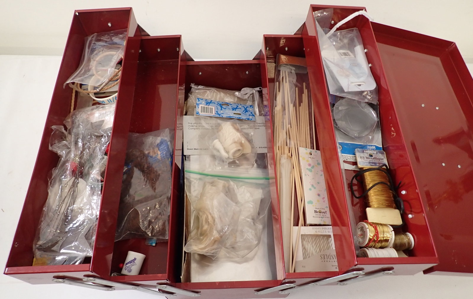 Tool Box w/ Doll & Craft Supplies: Approx 8 1/4" x 18 1/2" x 10" tall.