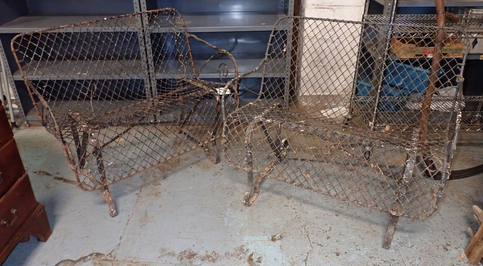 Antique / Vintage Wire Benches Settees: Right one is approx 37" long, 18 1/2" to seat, 15 3/4" deep, 32 1/4" tall. No in house shipping