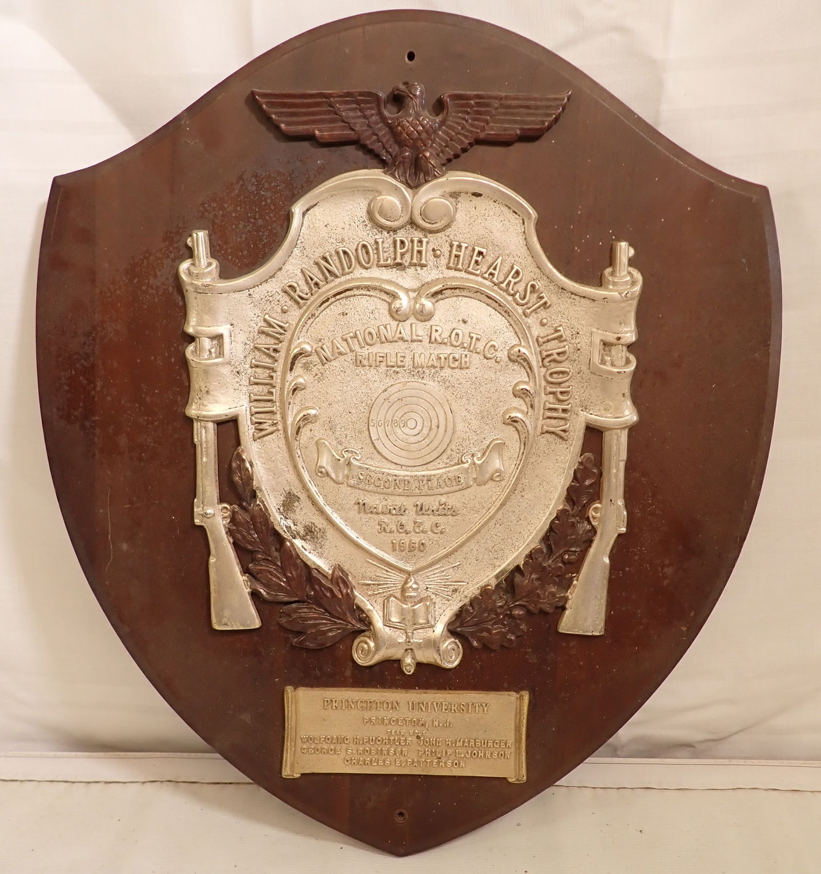 1960 Princeton University National Rifle Match Trophy: William Randolph Hearst Trophy for National R.O.T.C Rifle Match. Approx 18 1/4" x 22". If shipping is needed , contact UPS Store 5528 to get an estimate BEFORE bidding. There are No refunds because of