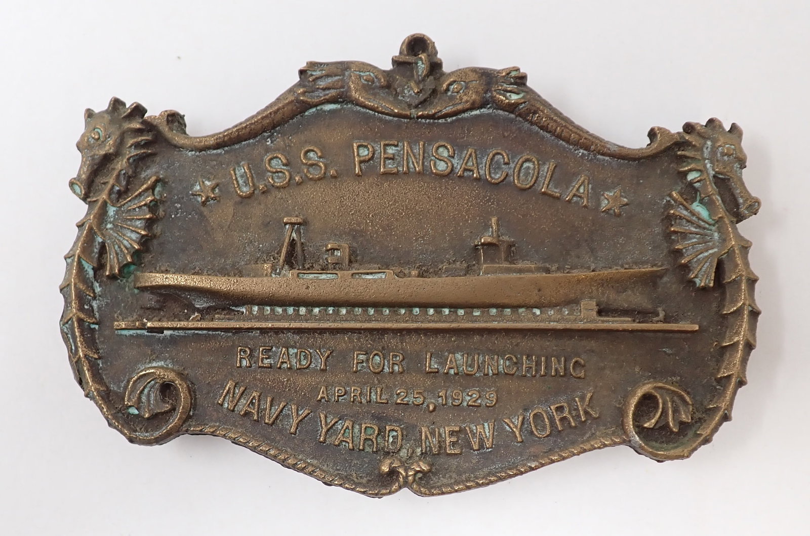1929 U.S.S Pennsacola Bronze Belt Buckle: Approx 3 5/8" x 5 3/8". Heavy Bronze