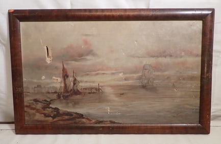 Antique Clipper Ship & Sailboat Oil Painting