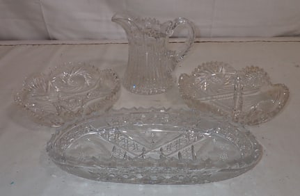 Cut Glass Pitcher & Dishes