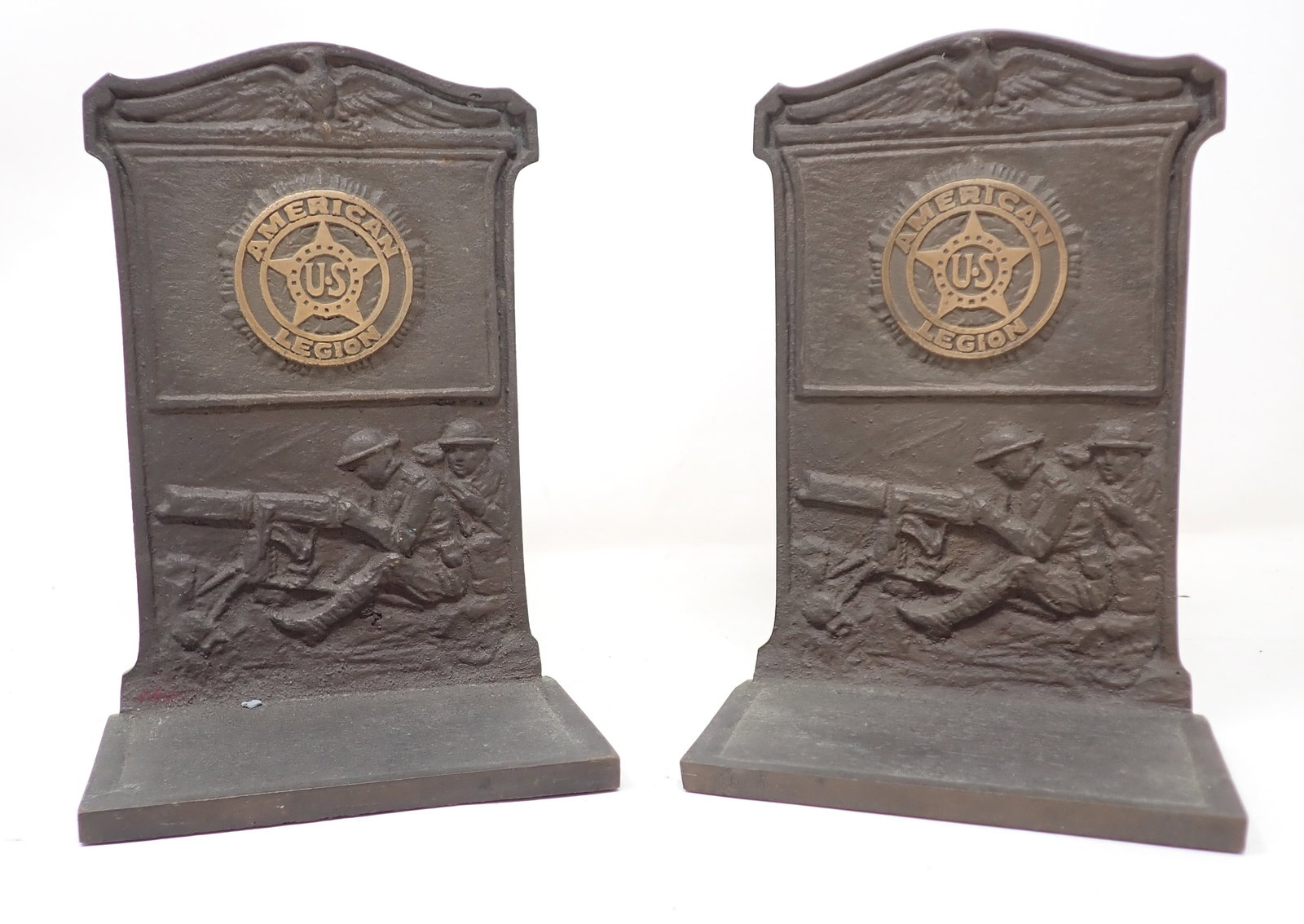 Bronze American Legion WWI Bookends: Approx 2 3/4" x 4 3/8" x 6 1/2" tall.