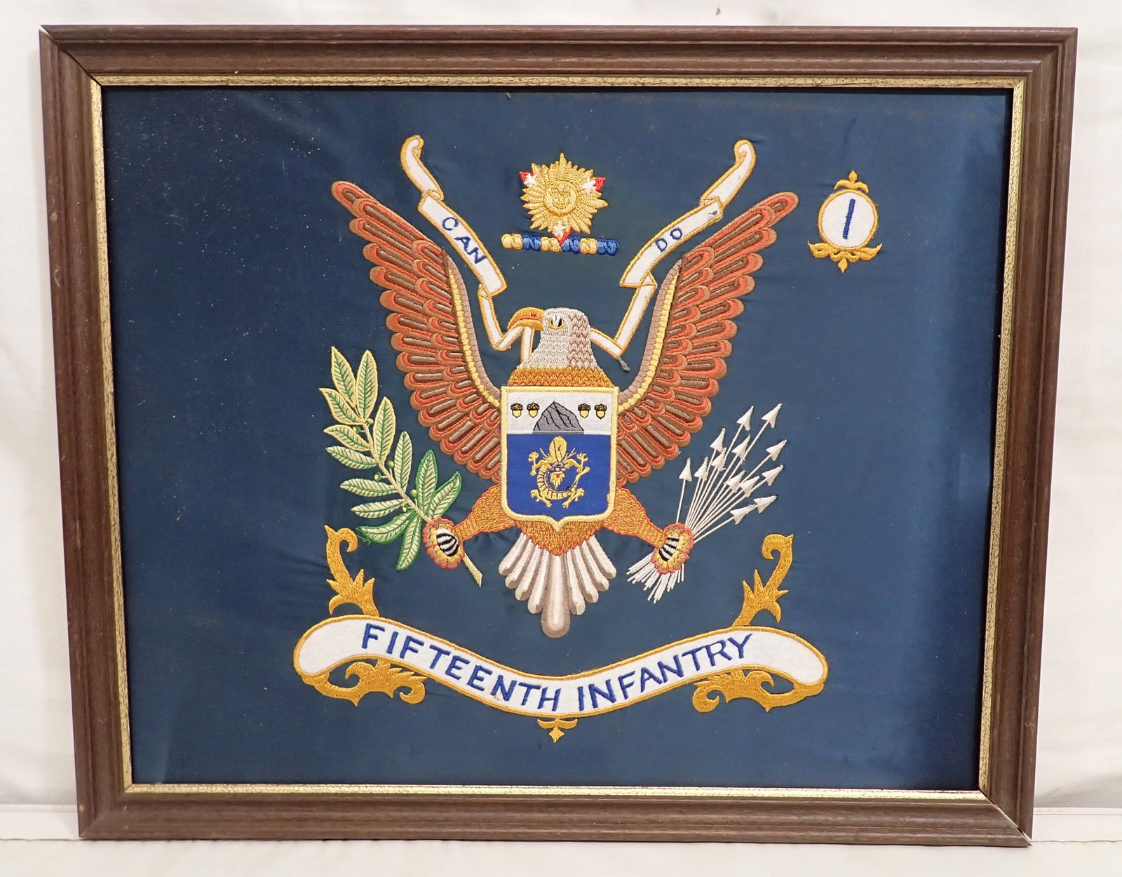 Fifteenth Infantry Wall Art: Seems to be patches stitched on silk. Apprx 17 3/4" x 21 3/4". If shipping is needed , contact UPS Store 5528 to get an estimate BEFORE bidding. There are No refunds because of shipping prices. Their