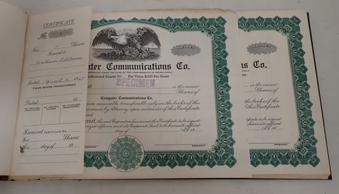 1960's Computer Communications Shares Certificate Book