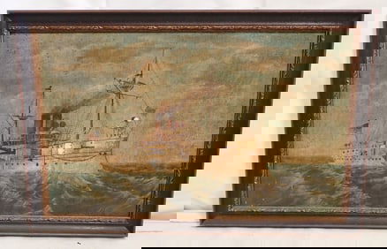 Early Signed USS Maine Battleship Painting w/ Applied Mother of Pearl
