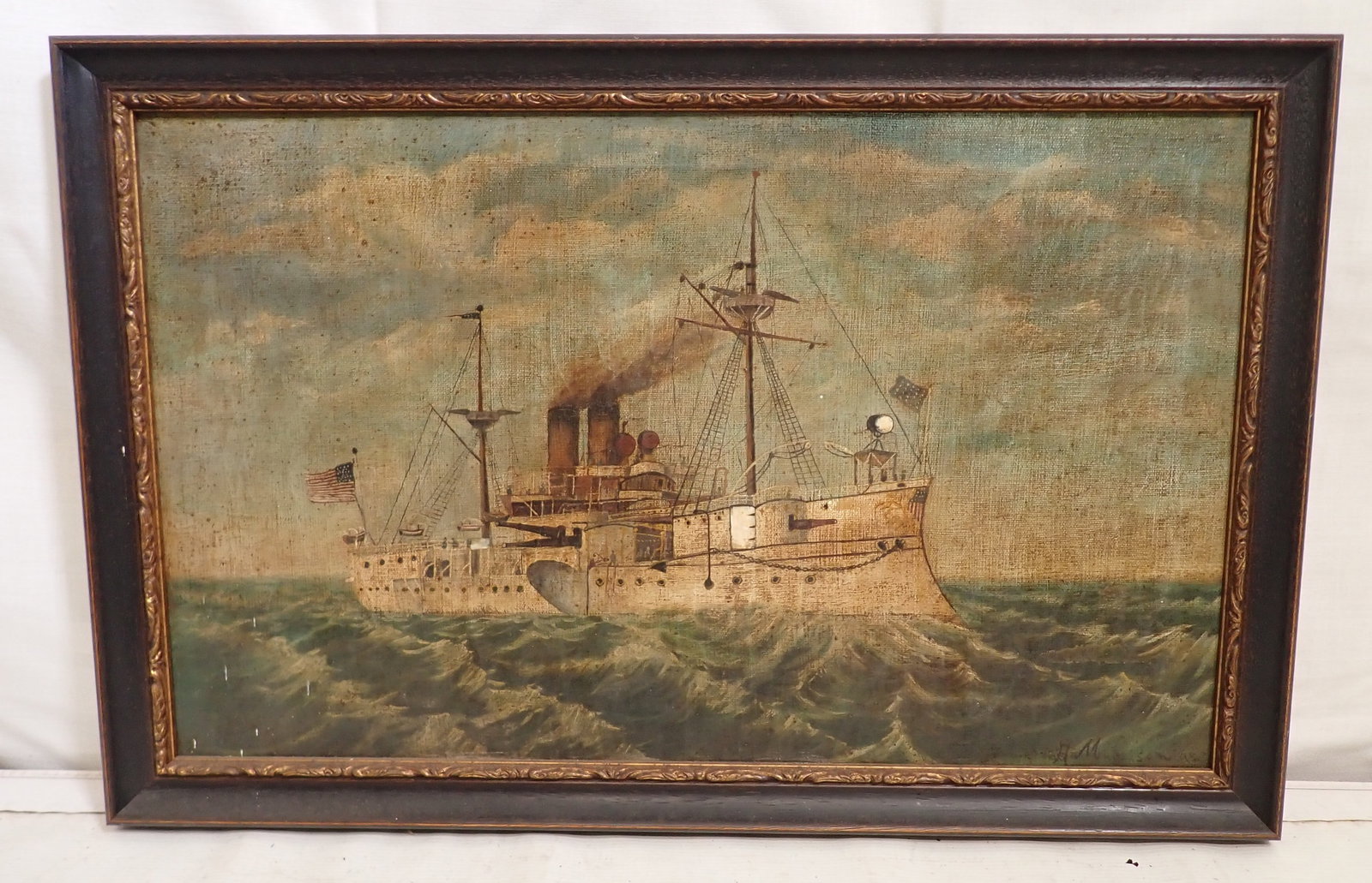 Early Signed USS Maine Battleship Painting w/ Applied Mother of Pearl (1 of 7)