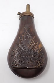 Copper Patriotic Powder Horn w/ Cannon Flags Rifles