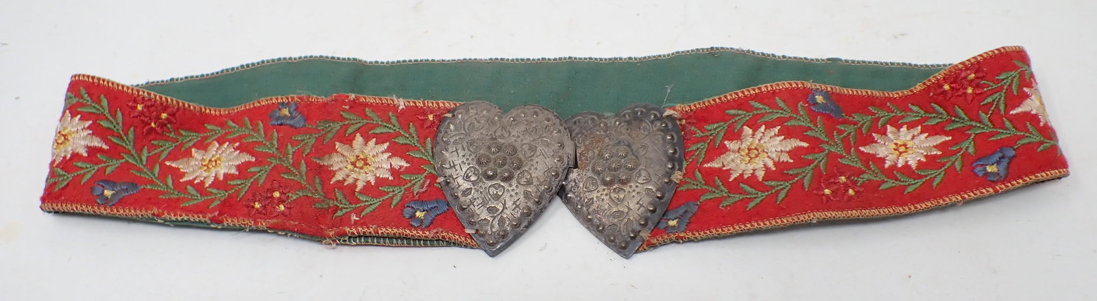Stitched Ladies Belt w/ Heart Buckle: Approx 28 1/2" long and 2" wide.