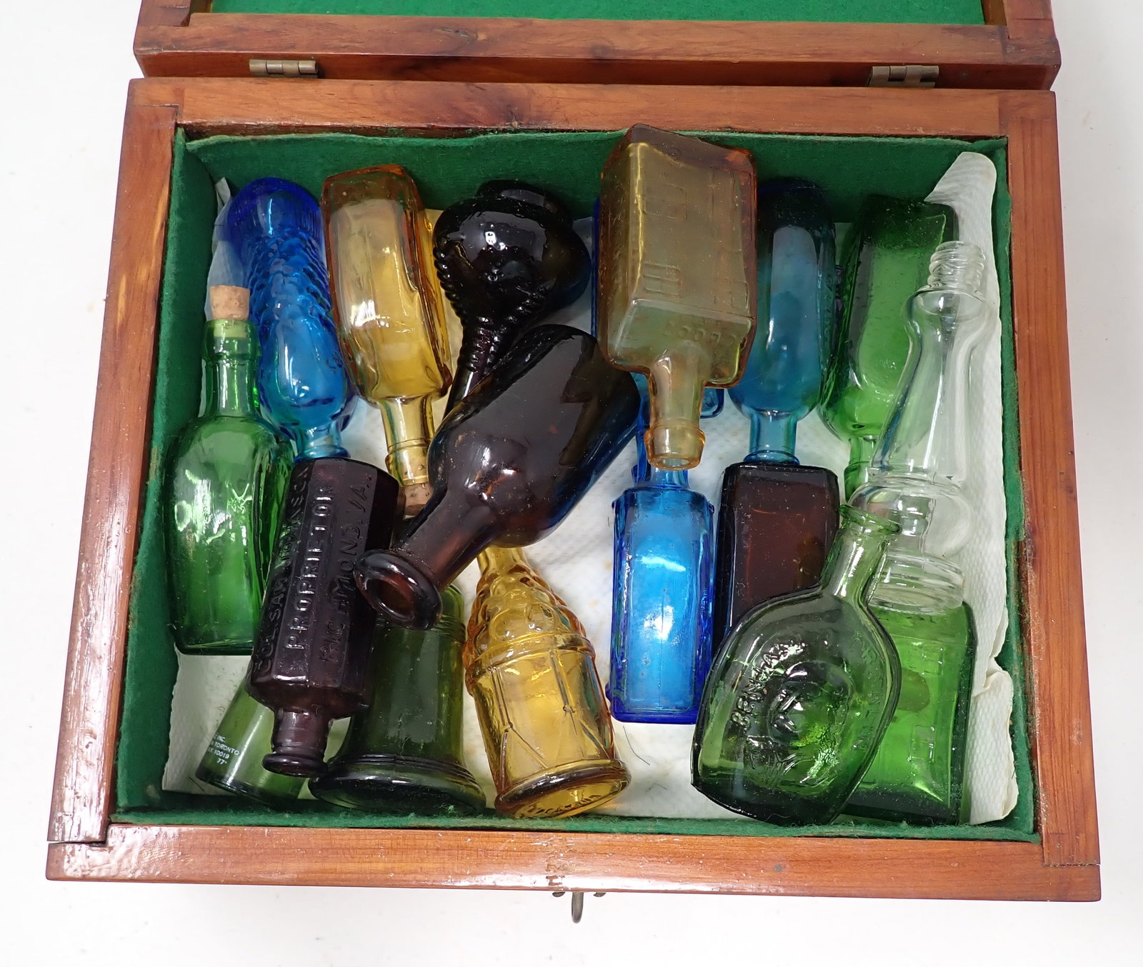 Wood Box w/ Miniature Bottles: Box is approx 7 3/4" x 9" x 3 1/2" tall.
