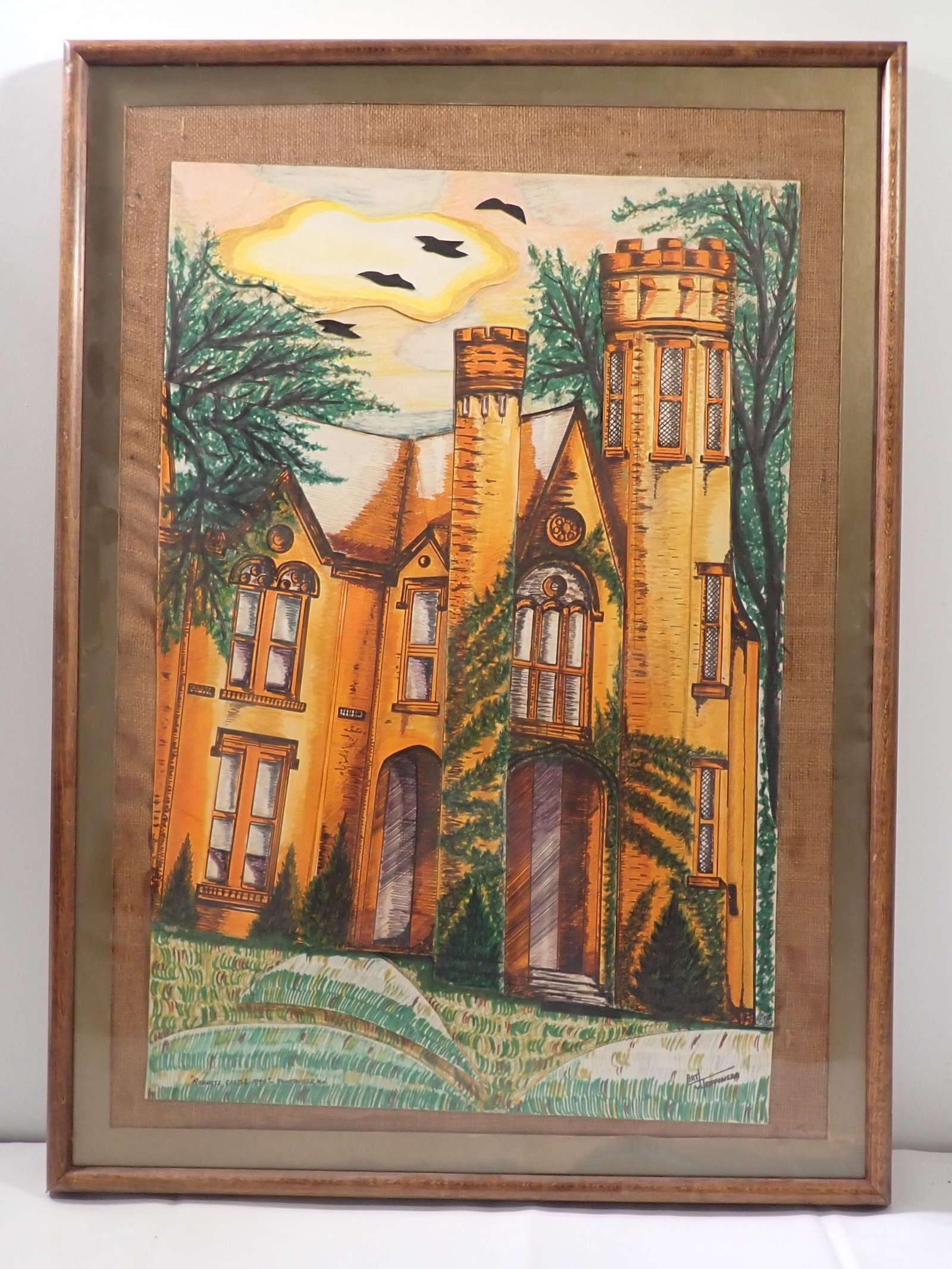 Art Trippanera Award Winning Pen Ink Watercolor: This Somerville NJ Home art is titled " Roberts Castle " . It is apprx 27" x 37 1/2". It is on paper w/ pieces of paper applied. If shipping is needed, contact UPS Store 5528 to get a quote BEFORE bid