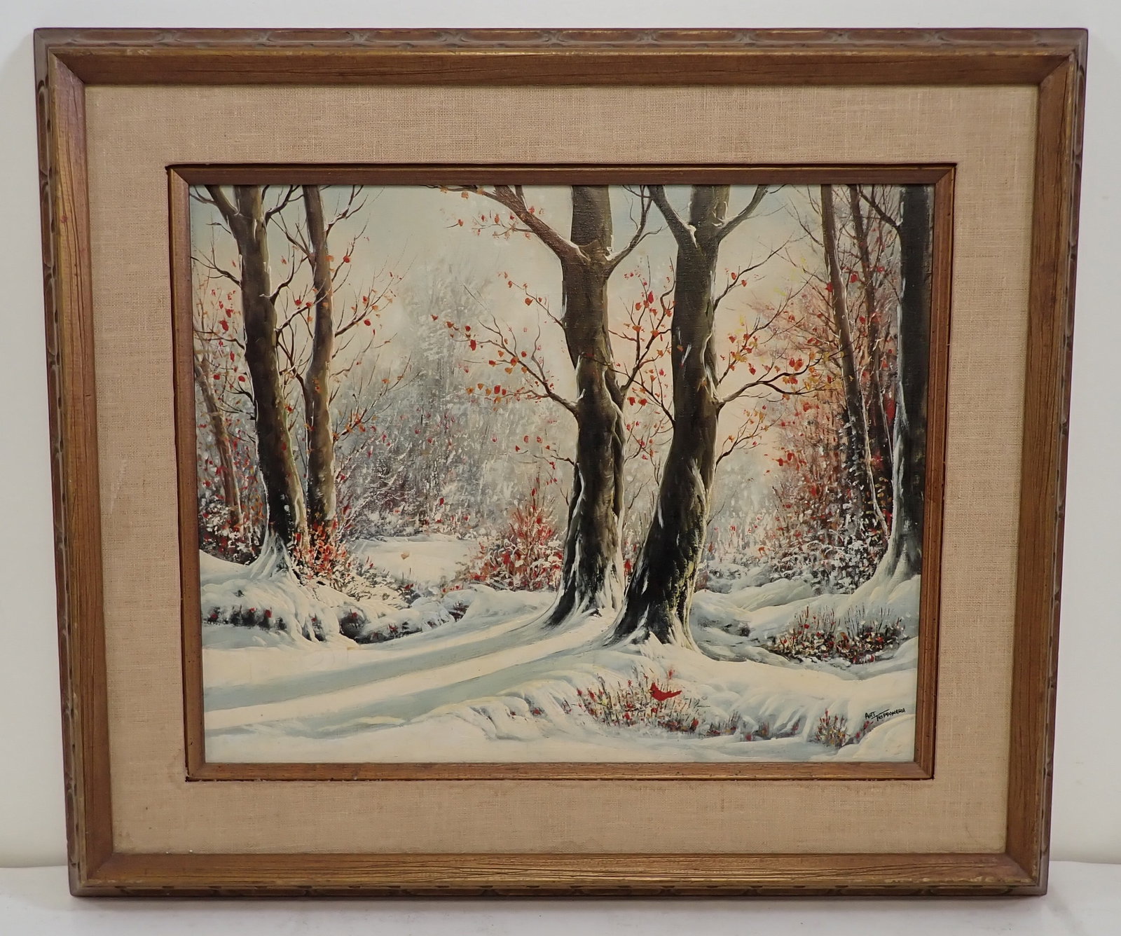 Art Trippanera Award Winning Winter Scene: Framed oil on canvas painting is approx 27 1/2" x 23 1/2". Ttled - Snow and The Cardinal. If shipping is needed, contact UPS Store 5528 to get a quote BEFORE bidding. Their phone number is (908)213-68