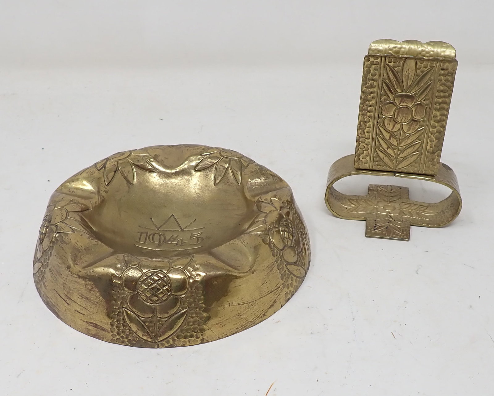 1945 Brass Trench Art Ashtray & Match Holder: Ashtray is approx 5 1/8" in diameter and 1 1/4" tall