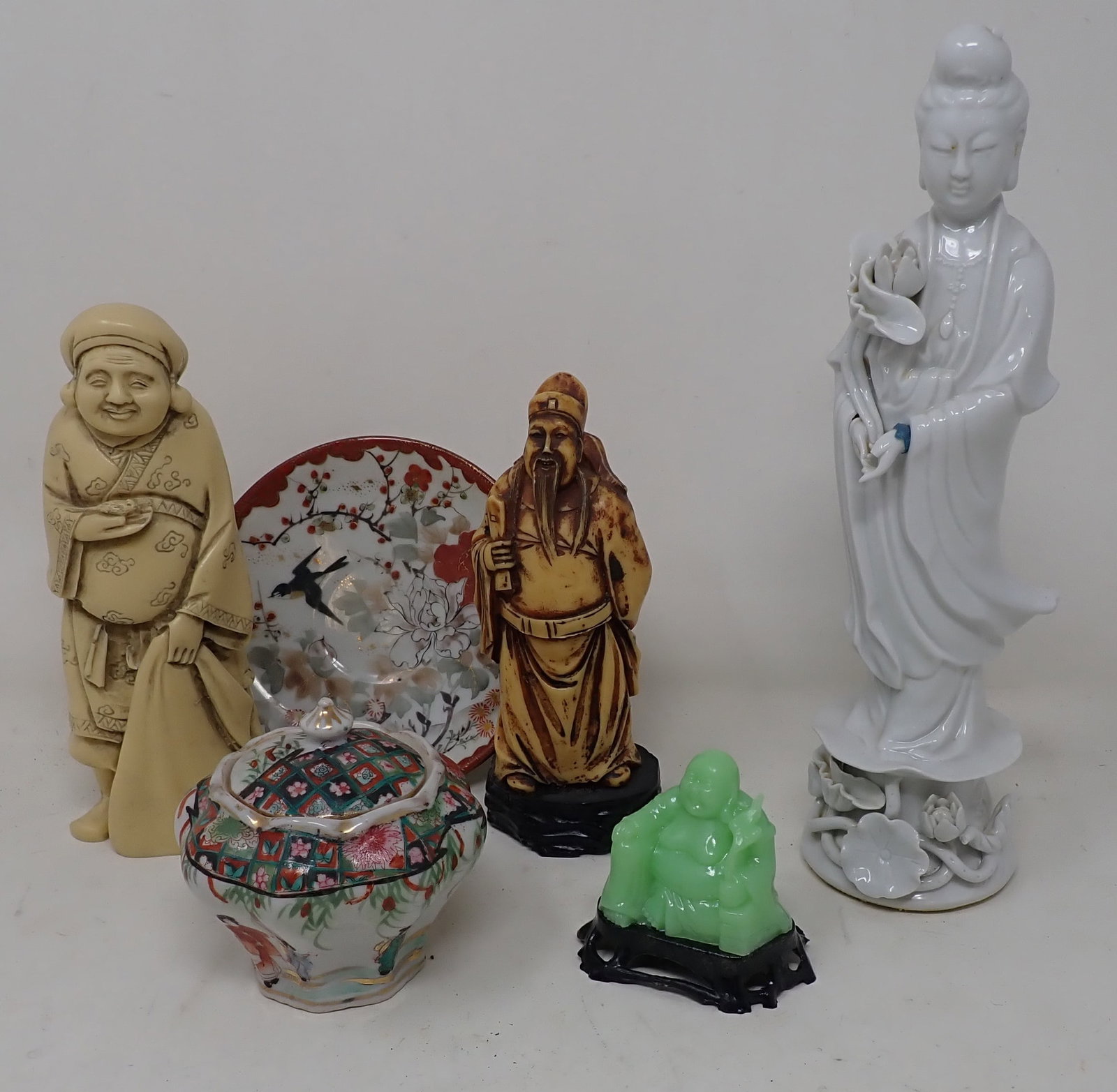 Japanese Chinese Figurines & Sugar Bowl: Tallest is apprx 10"