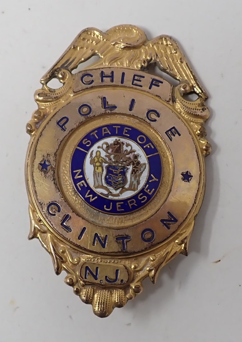 Clinton NJ Police Chief Badge: Approx 1 3/4" x 2 7/8"