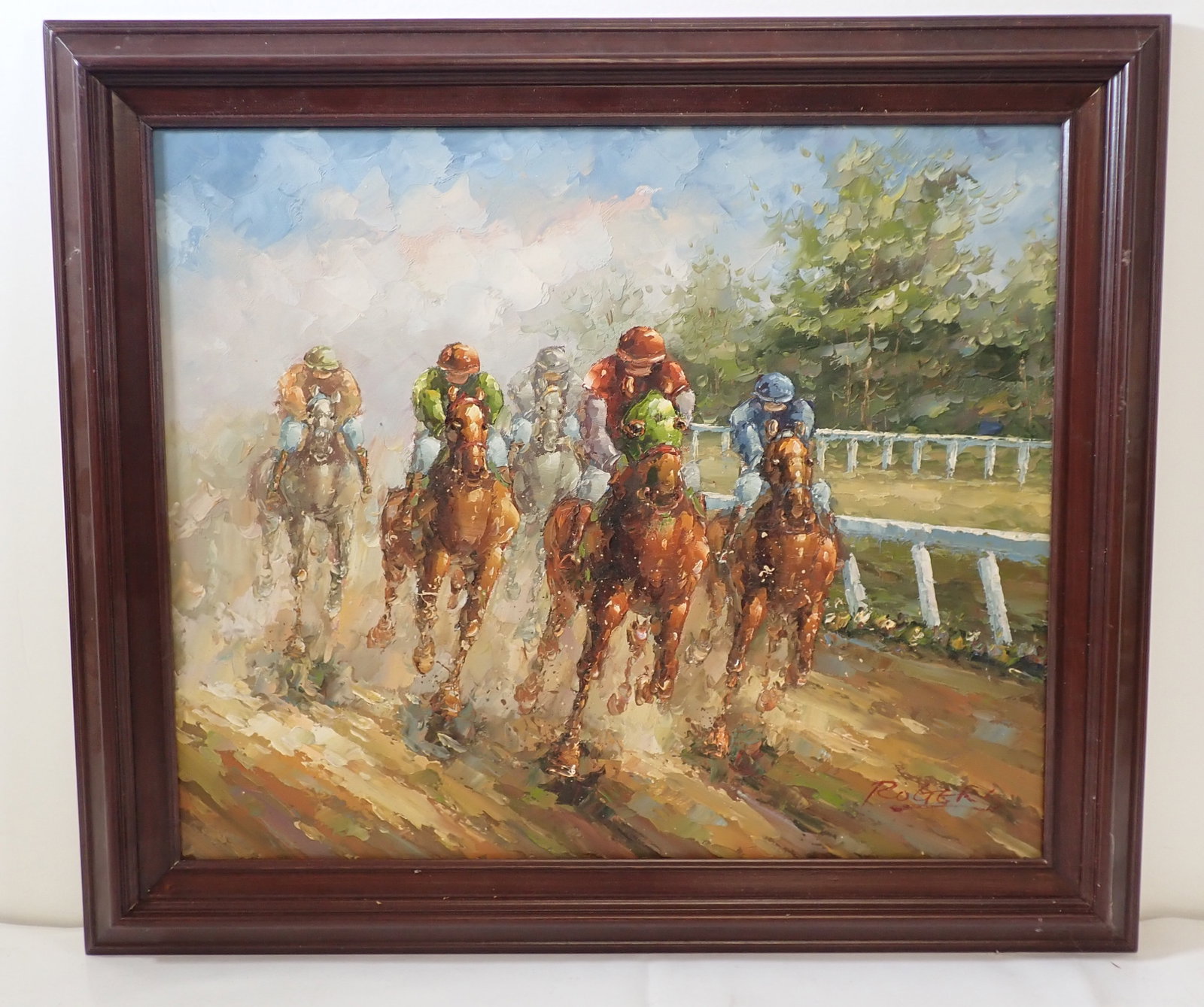Rogers Horse Racing Oil Painting: Apprx 25 1/4" x 29 1/4". If shipping is needed, contact UPS Store 5528 to get a quote BEFORE bidding. Their phone number is (908)213-6838 and select option 5. There will be no refunds, because of ship