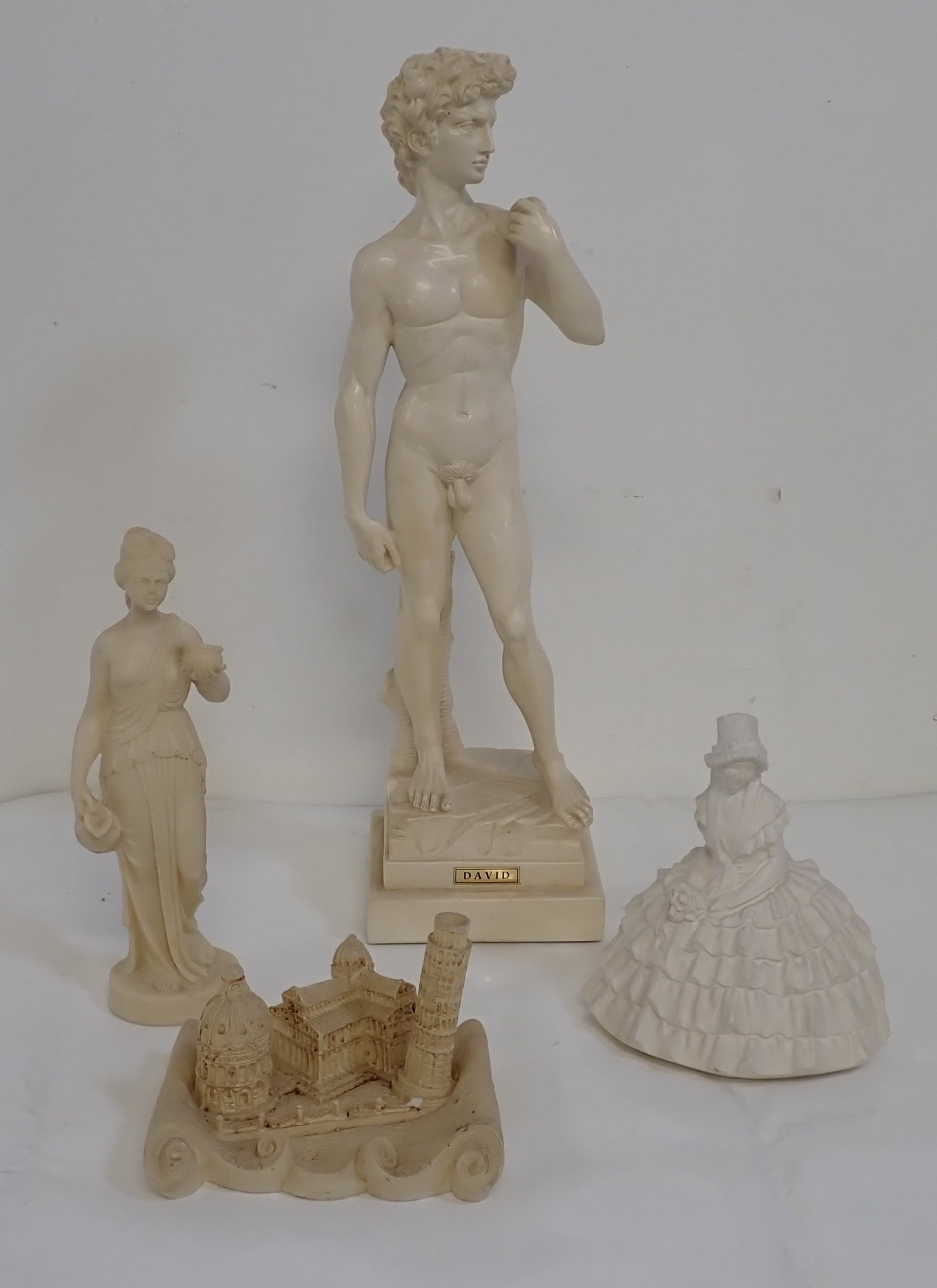 Resin & Chalkware Statues incl Casea: Tallest is approx 16". Victorian girl is chalkware.