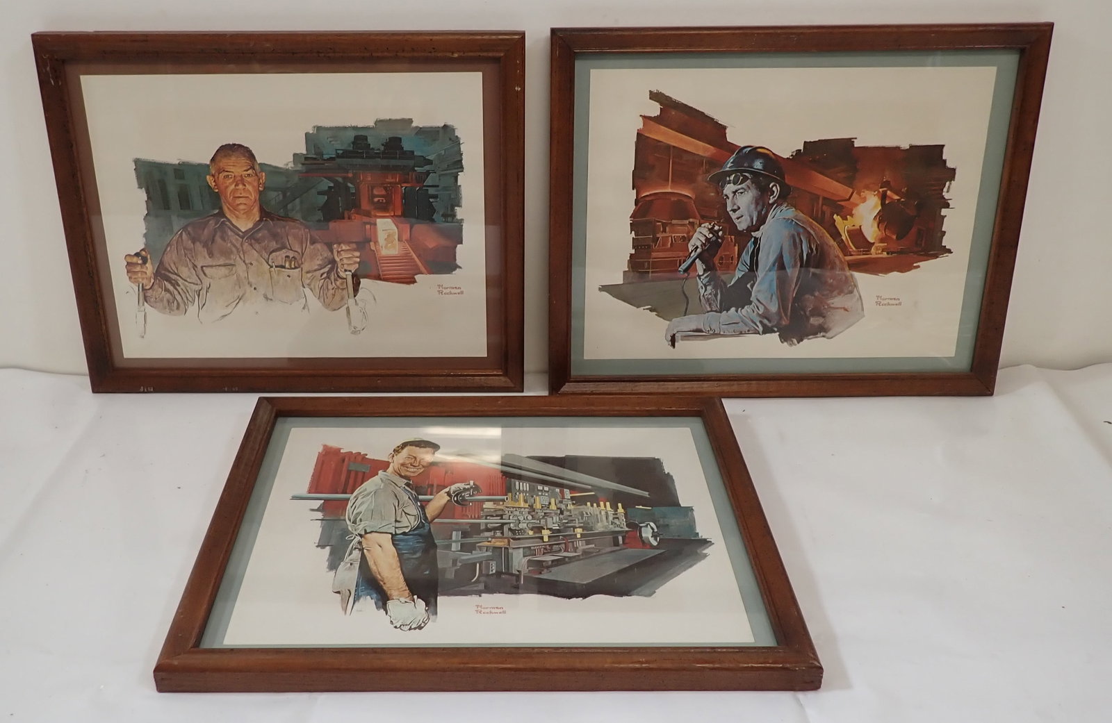 3 Norman Rockwell Steel Foundry Mill Worker Prints: Approx 12" x 15".