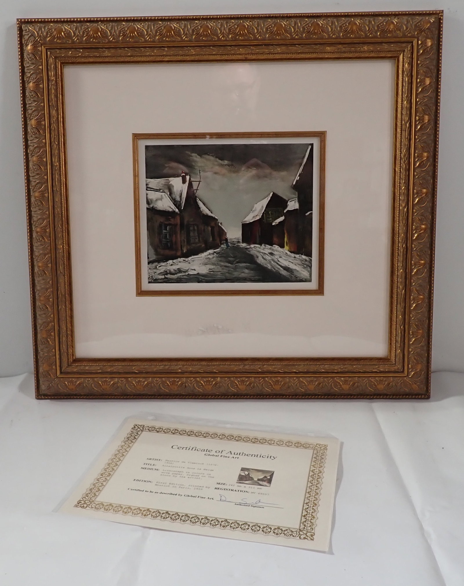 Maurice de Vlaminck Allainville Sous La Neige Litho: Lithograph is apprx 20 3/4" x 22 1/4". Comes with COA . If shipping is needed, contact UPS Store 5528 to get a quote BEFORE bidding. Their phone number is (908)213-6838 and select option 5. There will