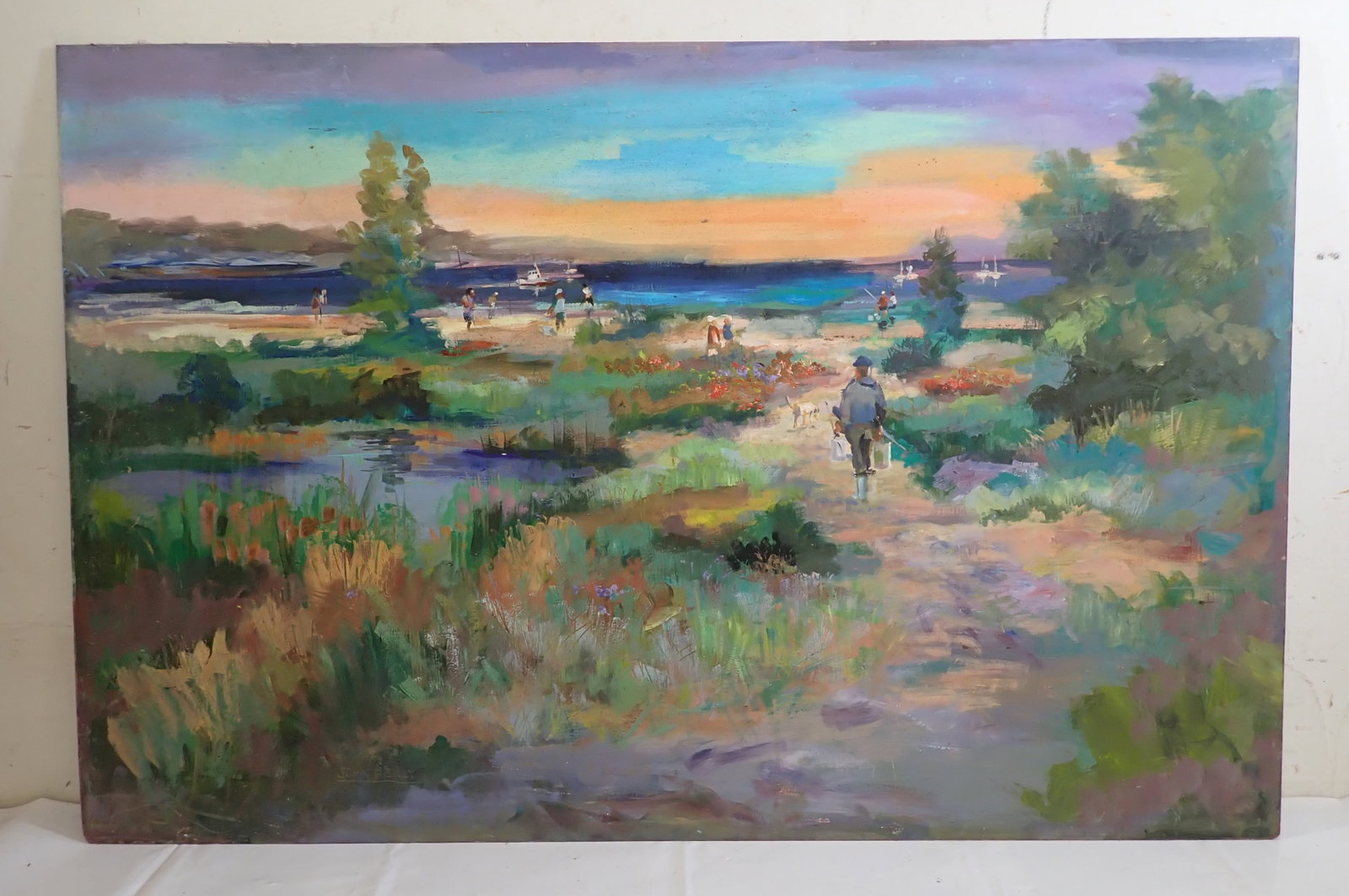John Reilly Shore Painting: Oil on board - Approx 31 1/2" x 48 1/2". If shipping is needed, contact UPS Store 5528 to get a shipping estimate BEFORE bidding. Their phone number is (908)213-6838 and select option 5. Or email stor