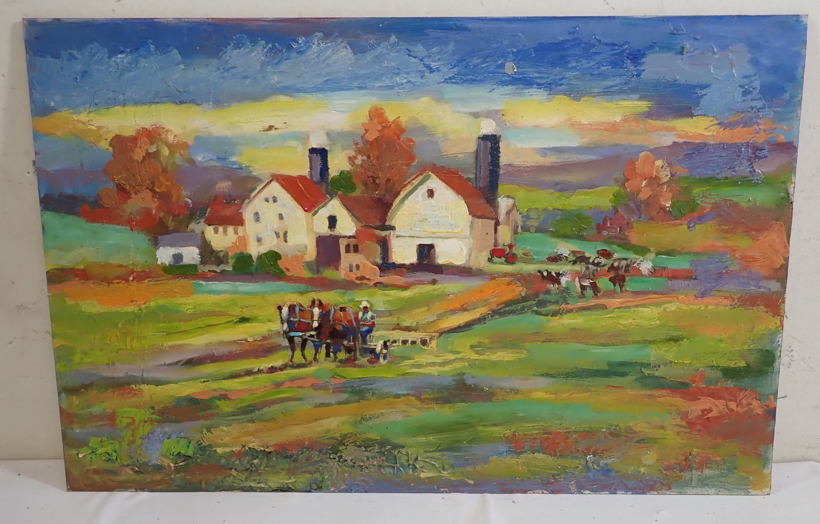 John Reilly Amish Farming Oil Painting: Oil on board - Approx 14 1/2" x 22 1/4".