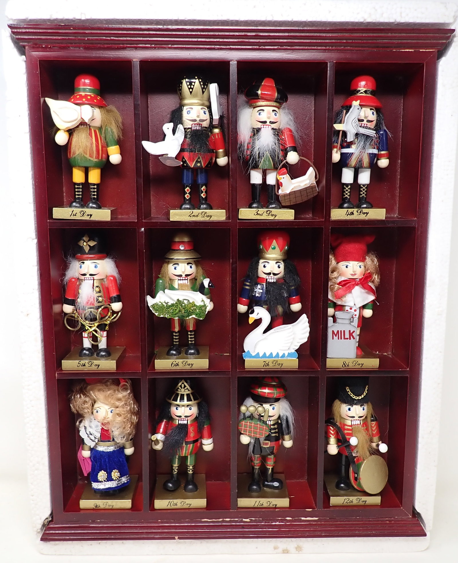 12 Days of Christmas Nutcrackers: Shelf is approx 14 1/2" x 18 1/4" tall. Nutcrackers are apprx 5" tall.