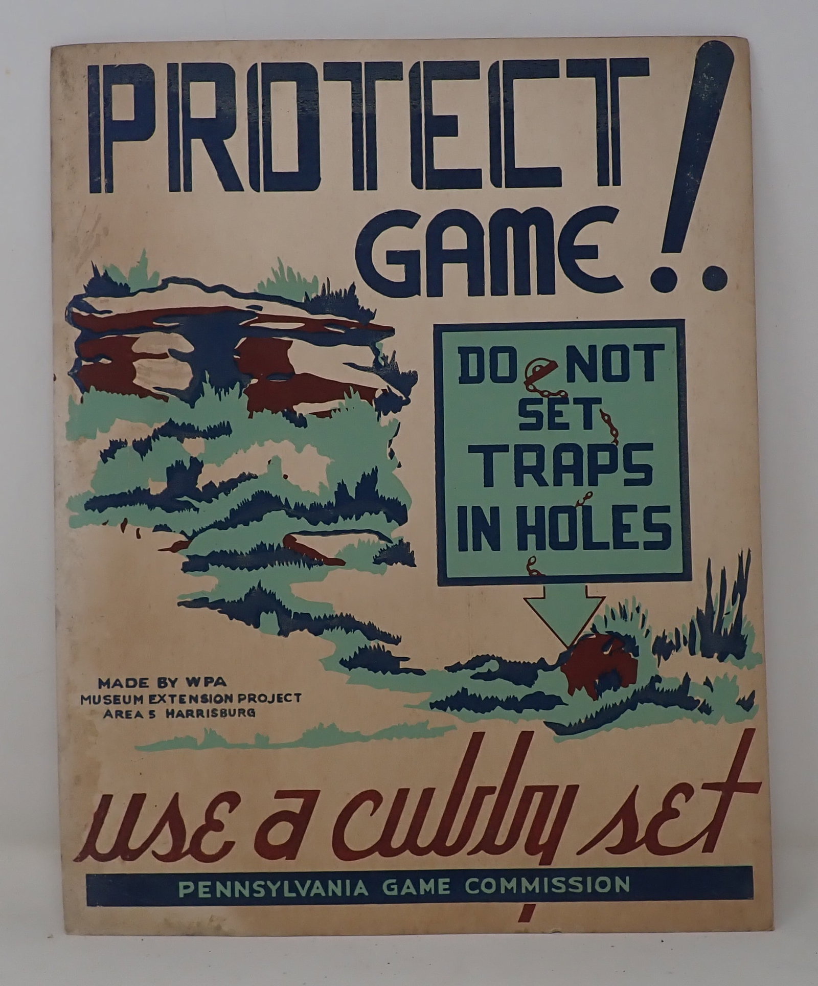 PA Game Commision WPA Trap Sign: Pennsylvania Game Commission Leg Hold Trap Cardboard sign - Approx 11" x 14".