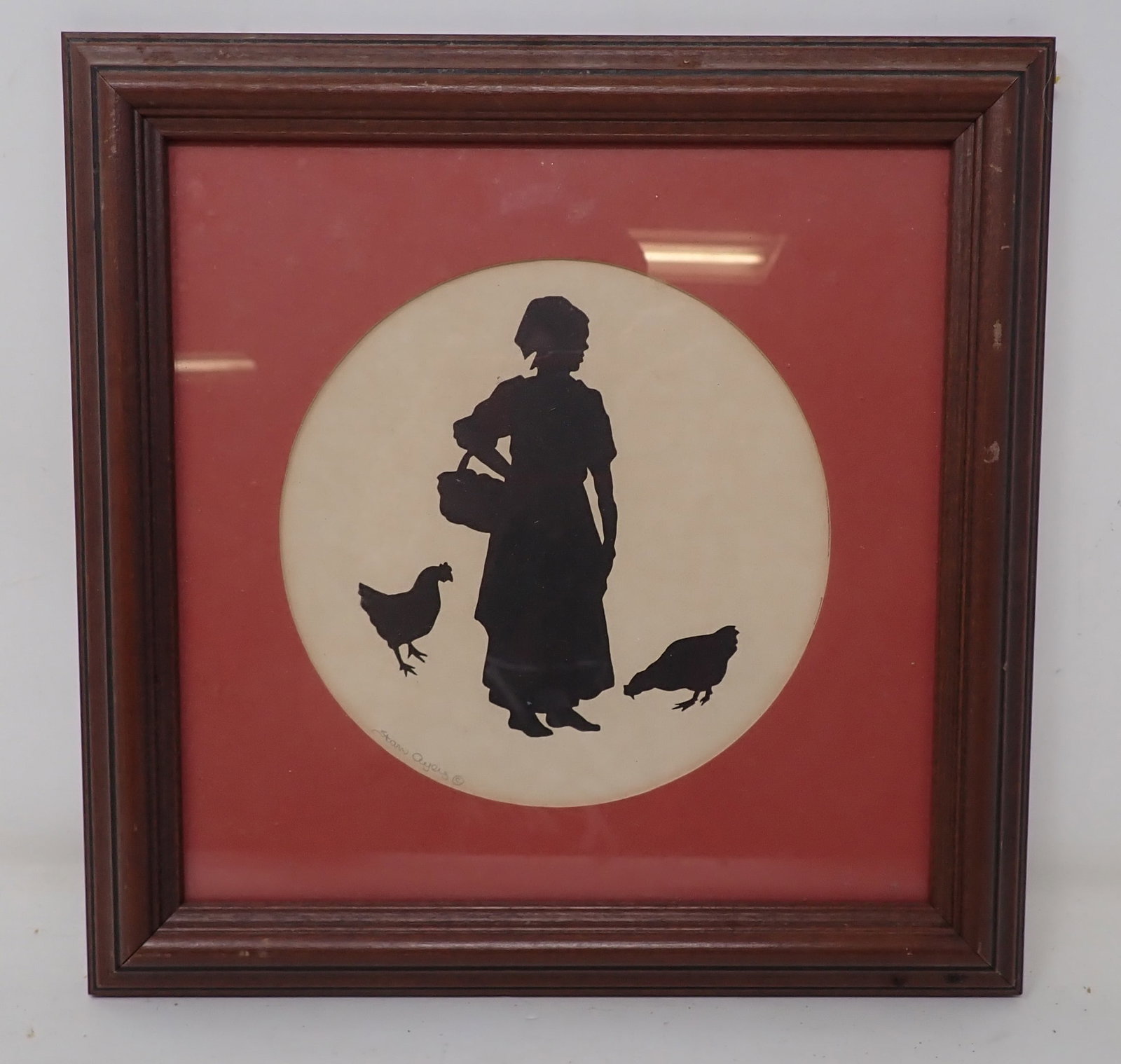 Starr Ayers Signed Lady & Chickens Silhouette: Apprx 9 3/4" x 9 3/4"
