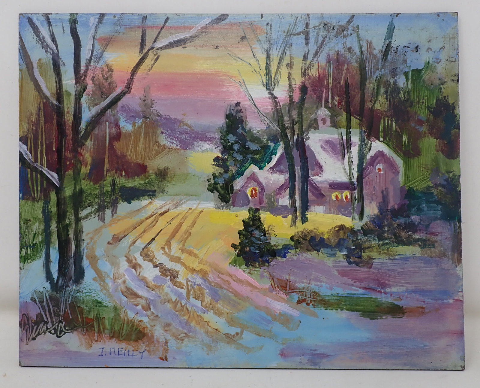 John Reilly Winter Scene Oil on Board Painting: Signed painting is apprx 8" x 10"