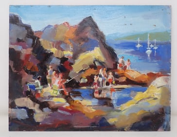 John Reilly Bathing Beauties Oil on Board Painting