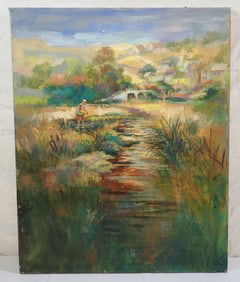 John Reilly Man Fishing w/ Pipe Oil Painting on Canvas